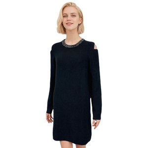 Boutique Winter Collection New Fashion Women's Off-Shoulder <strong>Black</strong> Loose Pullover Beading Sweater <strong>Dress</strong> Wholesale
