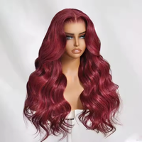 Perruque frontale HD complète en dentelle, sans colle, cheveux indiens vierges, couleur bordeaux, double densité 180%, longue, avec baby hair