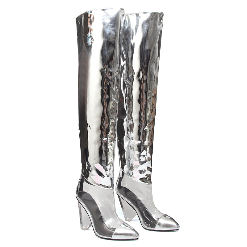 WETKISS/модные туфли на КОНУСНОМ каблуке; Пикантные прозрачные сапоги; Высокие Сапоги выше колена на высоком каблуке; Для женщин; Цвет Серебристый; Высокие сапоги до бедра