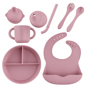 Ensemble de vaisselle en silicone pour bébé, 5 pièces, avec bol, assiette, bavoir, tasse, cuillère, fourchette, pour 0-12 mois, sans BPA, bleu clair - Product Image 3