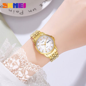 Skmei Gold Couple Quartz Watches Analog Calendar Diamond Dial Stainless Steel Band Waterproof 30M Men Women Watch - Product Image 4