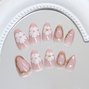Uñas Postizas de Lujo al por Mayor, 24 Piezas, Brillantes, con Purpurina, Acrílicas 3D, con Diseño de Flores, Color Nude, Forma Almendrada - Product Image 4