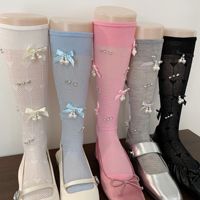 Chaussettes mi-mollet pour femme, style rétro, avec nœud perlé et strass scintillants, en coton absorbant la transpiration, fines et amincissantes pour l'été