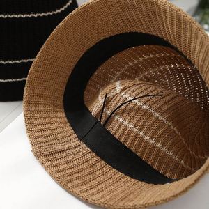 หมวกบักเก็ตถักลายทางเรียบง่ายสำหรับผู้หญิง สวมใส่สบายๆ ป้องกันแสงแดด เหมาะสำหรับฤดูร้อน - Product Image 3