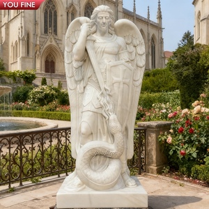 YOUFINE Escultura de Ángel de mármol tallada a mano Arcángel San Miguel venciendo la estatua del diablo para religiosos - Product Image 1
