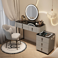 Meja Rias Kayu Solid Nordik Mewah Ringan dengan Pengisian Daya Nirkabel, Meja Rias Modern Minimalis Pintar untuk Kamar Tidur
