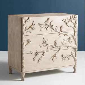 Commode à 3 tiroirs en bois massif, buffet rustique fait main avec relief floral, meuble de rangement antique pour salon - Product Image 3