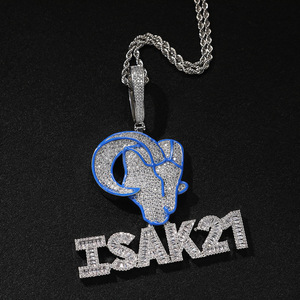 Collier Hip-Hop Rap personnalisé avec pendentif tête de chèvre en émail rhodié bleu, lettres, nouveau, entièrement serti de CZ, baguette, chaîne en corde - Product Image 6
