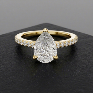 Lab Grown Diamond Pear Cut Engagement Ring Pave Band 3 Prong Setting Yellow Gold IGI Certified Unisex Bridal Jewelry Anniversary - Product Image 1