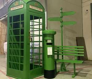 Cabine téléphonique classique rouge de Londres en métal, vente chaude, ensemble rose et bleu, cabine téléphonique, boîte aux lettres, panneau d'orientation, banc double paysager - Product Image 3