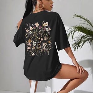Camisetas cómodas de algodón con estampado de racimos de flores hermosas para mujer, camisetas informales transpirables suaves de manga corta, ropa de calle holgada - Product Image 2