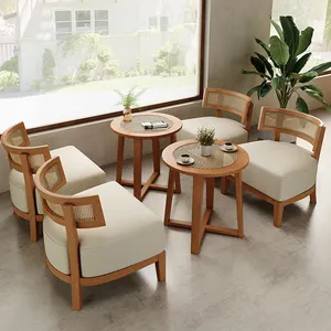 Leite chá loja sobremesa restaurante tecido madeira do rattan wabi-sabi estilo casual café mesa e cadeira conjunto cadeira de madeira maciça