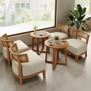 Tienda de té con leche, restaurante de postres, madera de ratán tejida, estilo wabi-sabi, juego de mesa y silla de café informal, silla y mesa de madera maciza