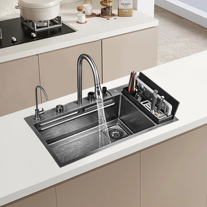 Grand évier de cuisine à une cuvette en acier inoxydable 304 fait à la main, rectangulaire, design européen moderne, surface brossée - Product Image 6