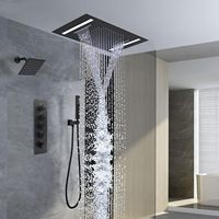 Système de douche spa de luxe en laiton avec robinets thermostatiques à 5 poignées, double jet de pluie, tête murale LED 14x20 pouces, finition noir mat