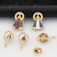 Broche Notre-Dame de la Conception Apparue, plaquée or, avec strass, Miracles Catholiques, en métal