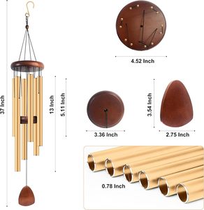 Carillons à vent personnalisés OEM en or, décoratifs, commémoratifs, musicaux, artisanat, 6 tubes creux en aluminium, pendule en bois - Product Image 1