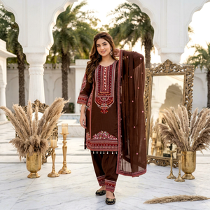 Salwar Kameez Dupatta de Seda Bordada Marrón, Traje Tradicional Indio Pakistaní para Bodas, para Mujer, Largo hasta la Rodilla, Corte Holgado - Product Image 1