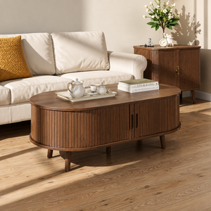 Oval <b>Coffee</b> <b>Table</b> with Tambour Door Mid Century Modern Fluted Storage <b>Table</b> <b>Walnut</b> 1080 x 580 x 400 mm Size - Product Image 3