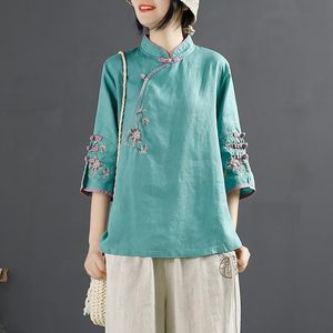 Chinese Style Cotton Linen Shirt Women Spring Summer Stand Collar Frog Button Embroidered Tea Dress Pink White Blue Yellow - Product Image 2