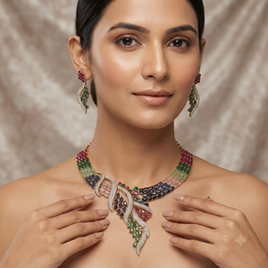 Conjunto de Collar y Pendientes de Latón con Circonitas Multicolor de Lujo, Joyería Nupcial India, Gargantilla Multicapa Colorida para Mujer - Product Image 3