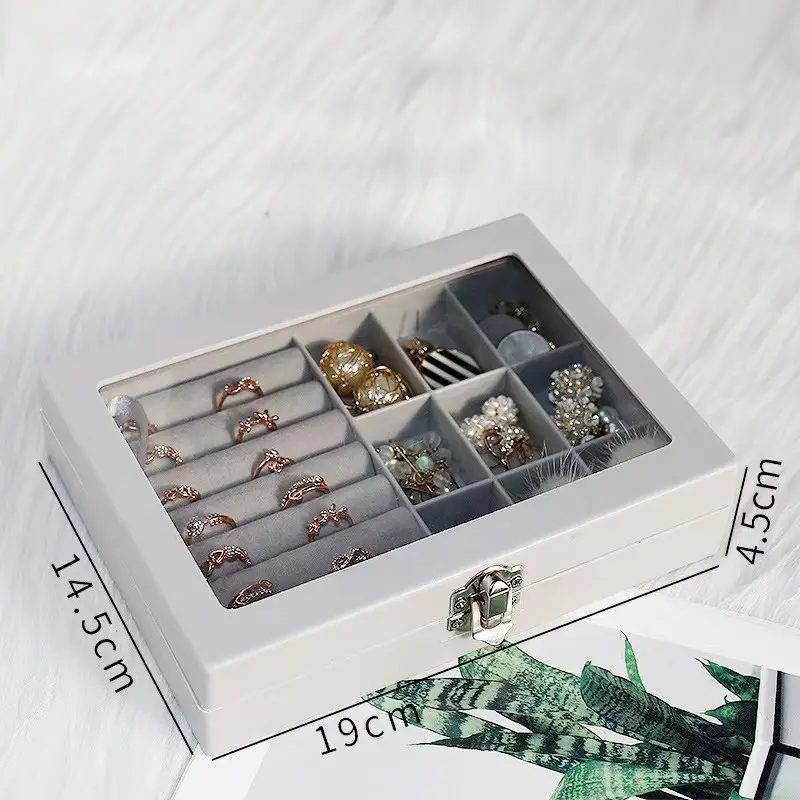 아크릴 뚜껑이 있는 회색 보석 주최자 트레이, 투명 뚜껑이 있는 프리미엄 가죽 보석 상자