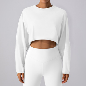 Scoop <b>Neck</b> Cropped Breathable Sportswear T-Shirt Base Shirt Yoga Running Loose Long Sleeved Women's Top with Front Logo - Product Image 3