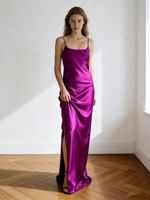 Robe midi en acétate importé haute couture, style célébrité sexy dos nu, bretelles spaghetti, fente en cristal, exquise OEM, printemps été