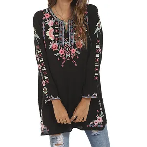 OEM boho style women notch neck comfortable rayon top floral embroidered long sleeve tunic STB9089A