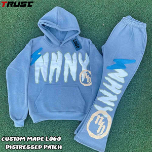 OEM Custom <span class=keywords><strong>3d</strong></span> Puff Print Sweatshirt Deux Pièces Pullover Acid Wash Cotton Joggers Ensemble Pantalon de Survêtement et Sweat à Capuche Évasés pour Hommes - Product Image 1