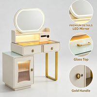 Ensemble de table de maquillage avec miroir ovale LED blanc, table de maquillage avec armoire latérale et pieds dorés pour petite chambre