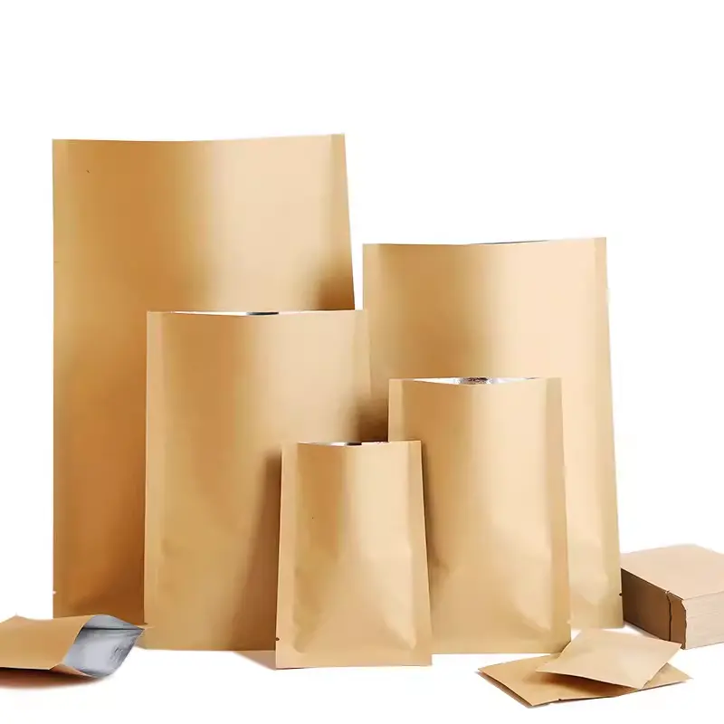 Üç tarafı mühür Kraft kağıt kilitli torba alüminyum kaplama içinde ısı mühürlü çanta gıda ambalaj çanta için çay tozu aperatif
