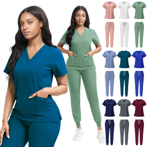ユニセックス病院ユニフォーム4ウェイストレッチ看護スクラブスーツウォッシャブルVネック医療スクラブトップと巾着ジョガーパンツセット - Product Image 1
