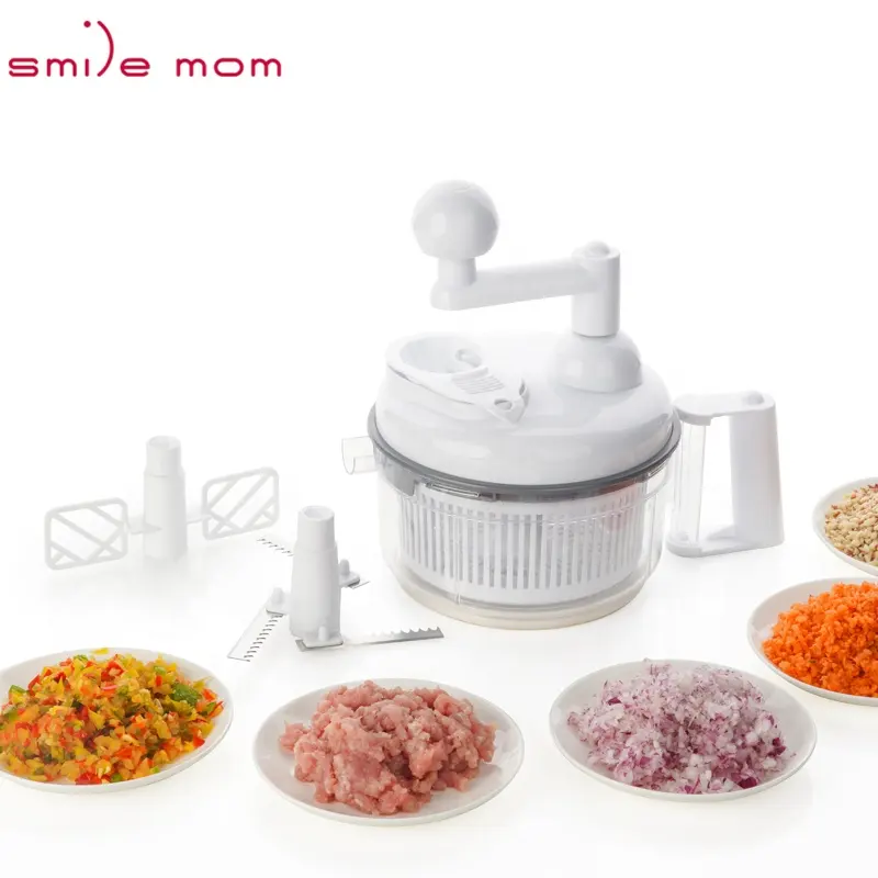 Smile Mom 4 In 1 Prosesor Makanan Multiguna 1,15l Pengering Sayuran Telur-Pemotong Tangan Cepat dengan Pegangan Putar