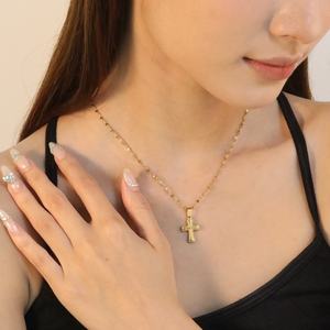 Novedades: Collar con colgante de sol de cuentas de acero inoxidable y piedras naturales coloridas, y delicado collar con cruz chapado en oro de 18K - Product Image 3