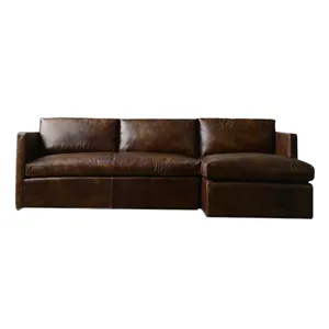 Luxury Vintage 100% Full Genuine Leather Sofa American Classic Brown L Shaped Sectional Sofa