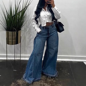 Pantalons larges à jambes larges pour femmes européennes et américaines, taille <span class=keywords><strong>grande</strong></span>, bleu délavé, pantalon évasé à empiècements, pantalon ample à franges, <span class=keywords><strong>longueur</strong></span> au sol - Product Image 3
