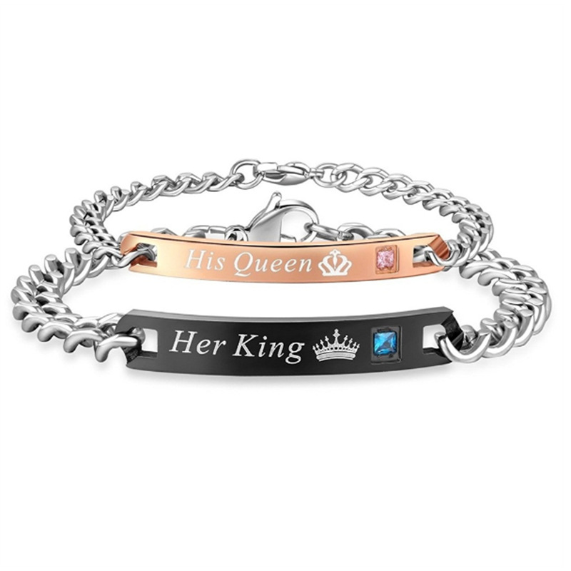 His Queen & Her King Matching Couple Bracelets Set, Romantic Stainless Steel Chain Bracelets With Crown Design & Decorative Birthstone Accents For Couples