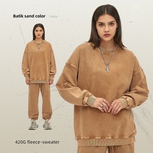 Haute qualité 100% coton lourd lavé à l'acide <span class=keywords><strong>Vintage</strong></span> sweat cou ample solide automne éponge tissu Anti-boulochage pull - Product Image 1