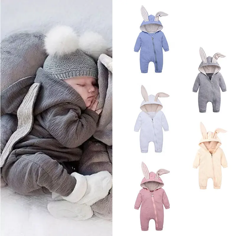 Macacão infantil de orelhas de coelho, roupas de algodão para bebês recém-nascidos, macacão de mangas compridas com capuz