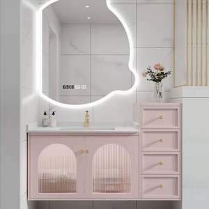 French Romantic Pink Wood Bathroom Cabinet Easy to Clean Single Bathroom Vanity with extra Large Space - Product Image 5