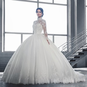 White Ball Gown Wedding Dress Tulle Lace Strapless Long Sleeve Vintage Bridal Gown F165 - Product Image 1