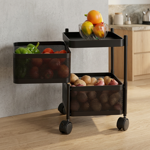 Modern Three Layer Metal <b>Storage</b> <b>Cart</b> With Wheels For Kitchen Food Organization Black Mesh Design - Product Image 4