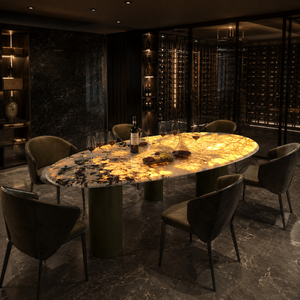 Table à manger personnalisée en quartz Pandora rétroéclairé, plateau ovale, style moderne, 6 places, pieds en métal, mobilier en pierre - Product Image 5