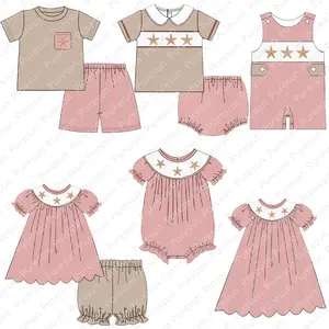 Conjunto de roupa infantil de verão, venda quente de roupas com aplique de concha para crianças, meninos e meninas, roupas que combinam, infantis fumadas