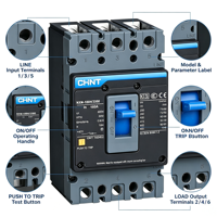 Disjoncteur à boîtier moulé CHINT NXM 10A-1600A 2P 3P 4P, protection contre les surcharges et les courts-circuits, pouvoir de coupure 50kA, certification CE CB