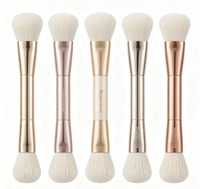 Pinceau de maquillage double embout Huanmutone Or Champagne 2-en-1, poils végétaliens, pour crème et poudre, outil de beauté pratique pour les voyages