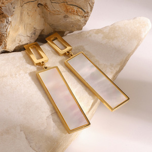 Geometric Pendant Earrings Gold Plated Mother Of Pearl Rectangular Drop Everyday Wear - Product Image 2