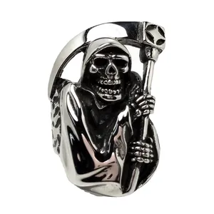 Trendiger Hochwertiger Edelstahl-<span class=keywords><strong>Ring</strong></span> im <span class=keywords><strong>Retro</strong></span>-Punk-Stil mit Coolem Sensenmann-Motiv und Dominantem Totenkopf in Antiksilber für Männer - Product Image 5