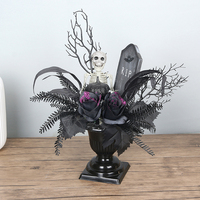 Ornamen tanaman pot Halloween, dekorasi pesta rumah, batu nisan, bunga hitam, kerangka mengerikan, ornamen tanaman pot Halloween